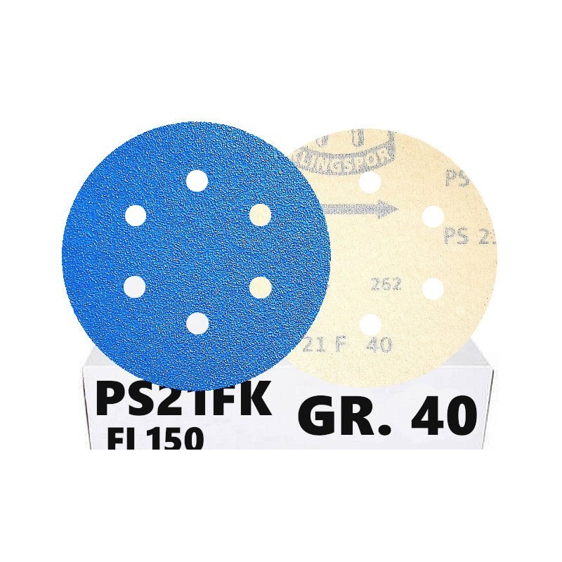 50x Krążki PS21 150mm P40 GLS3 6-otworów Papier ścierny na rzep KLINGSPOR